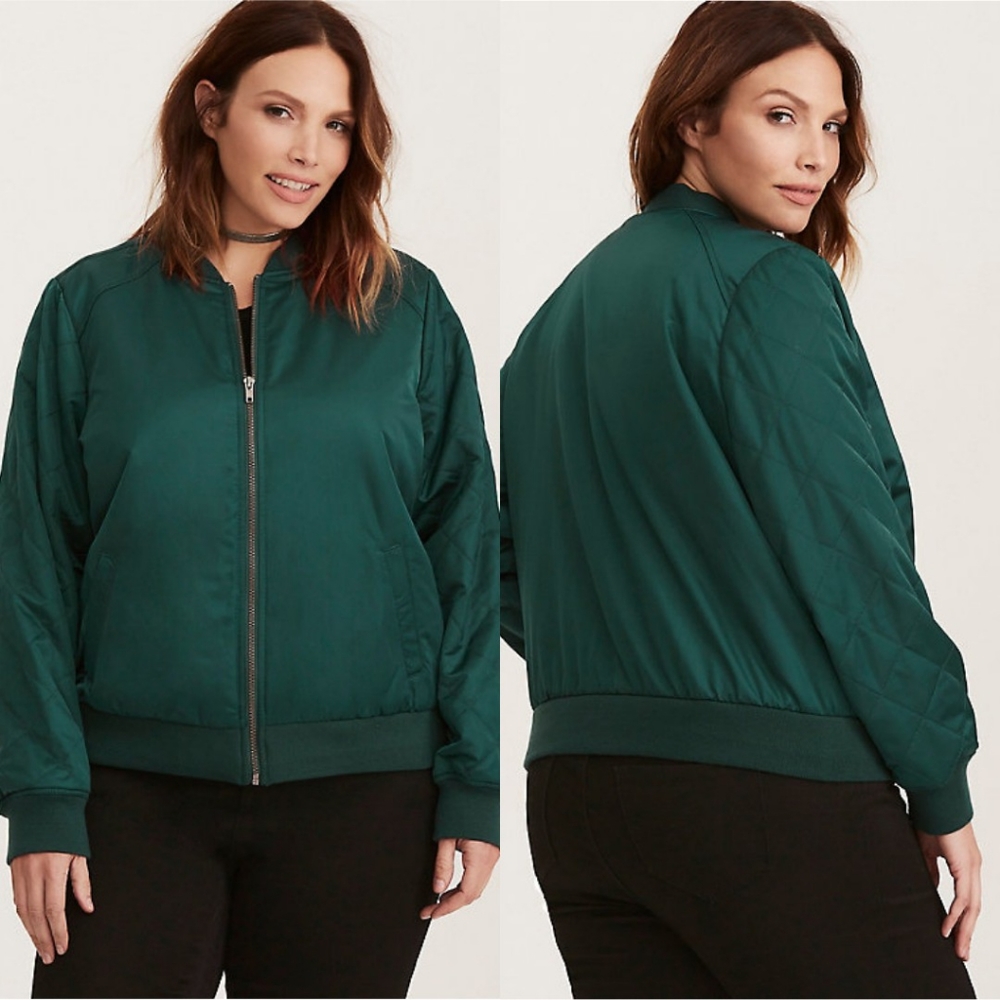 Torrid Emerald Green Quilted Satin Bomber Jacket